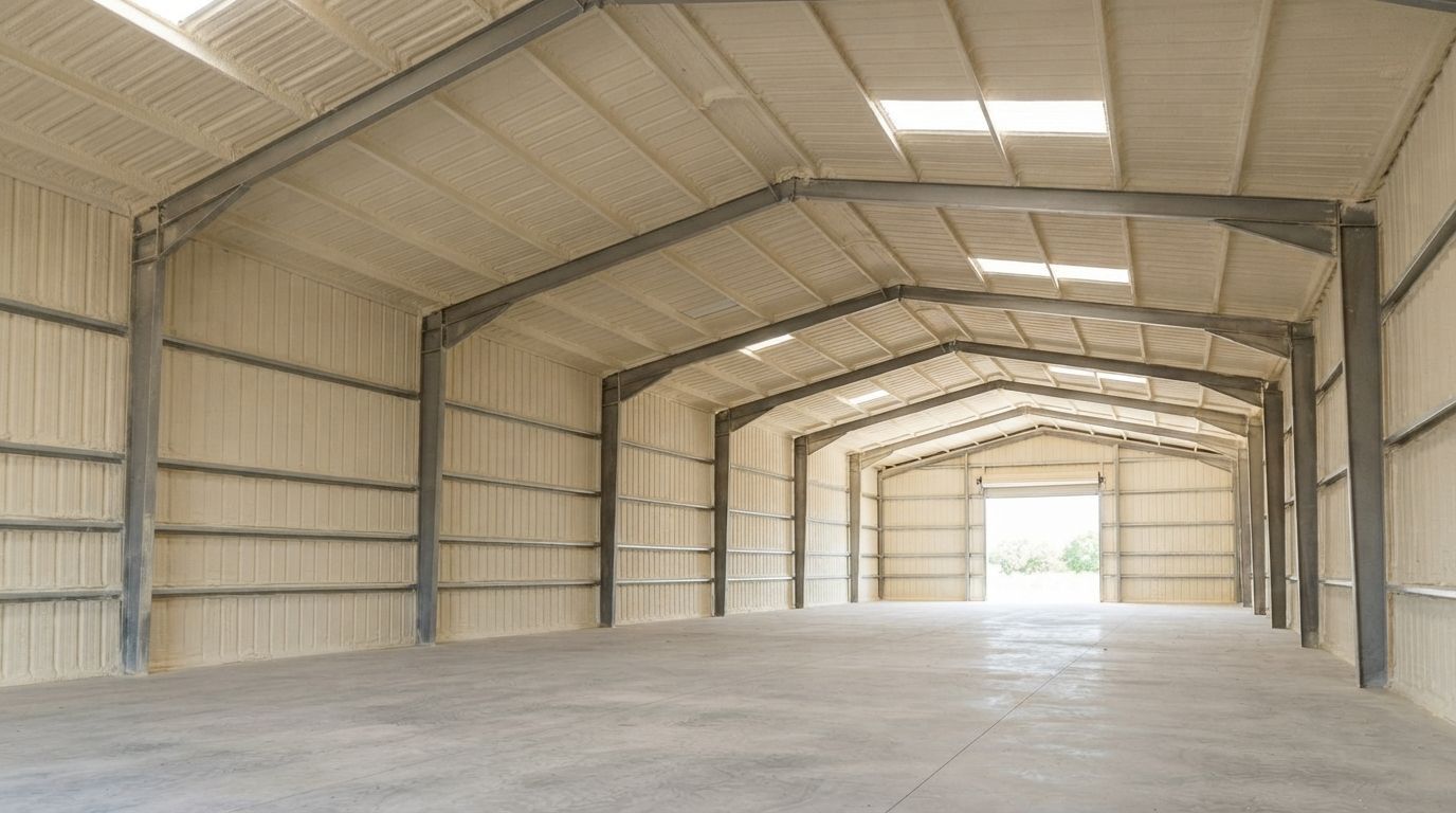 Completed spray foam insulation in a large Conroe metal building