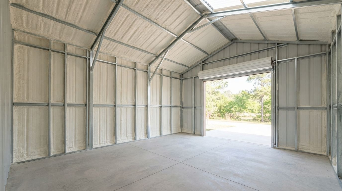 Completed metal garage spray foam insulation project in Conroe Texas