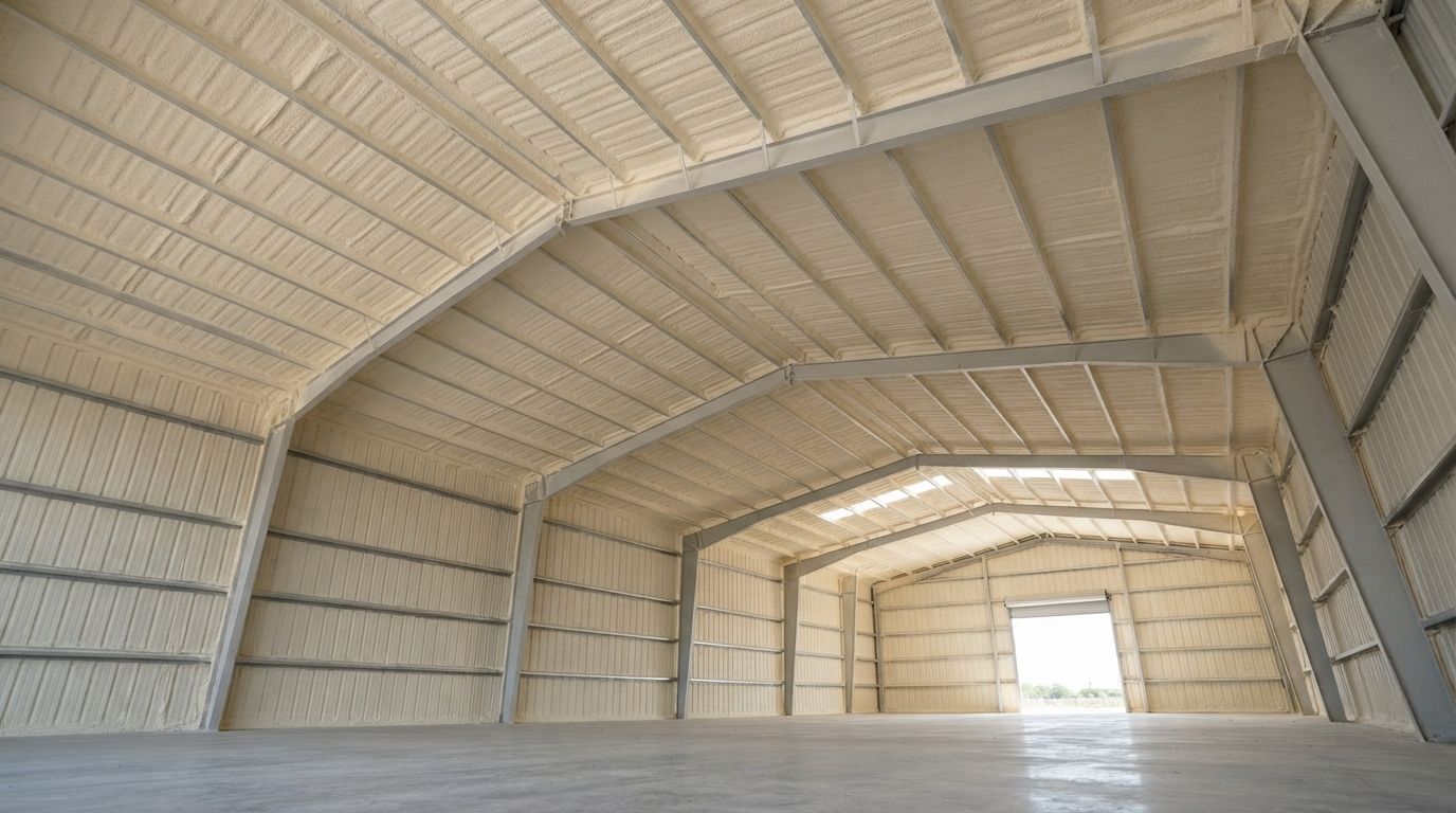 Completed high roof metal building spray foam insulation in Conroe Texas