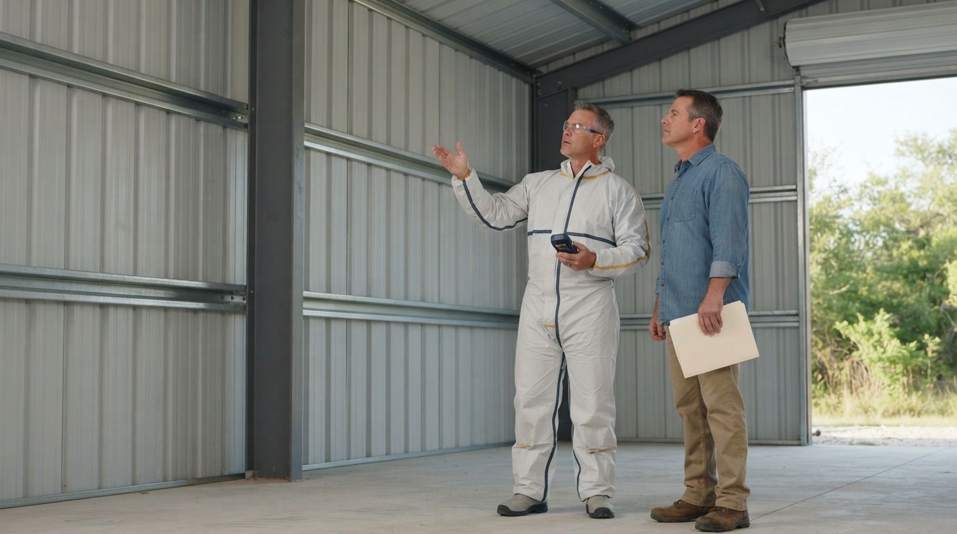 Property owner discussing a metal building spray foam estimate in Conroe Texas