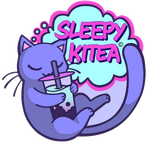 Purple sleepy kitten sipping a drink, curled around a blue crescent moon with “SLEEPY KITEA” text.