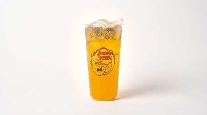 Clear plastic cup with orange iced drink and a logo, on a white background