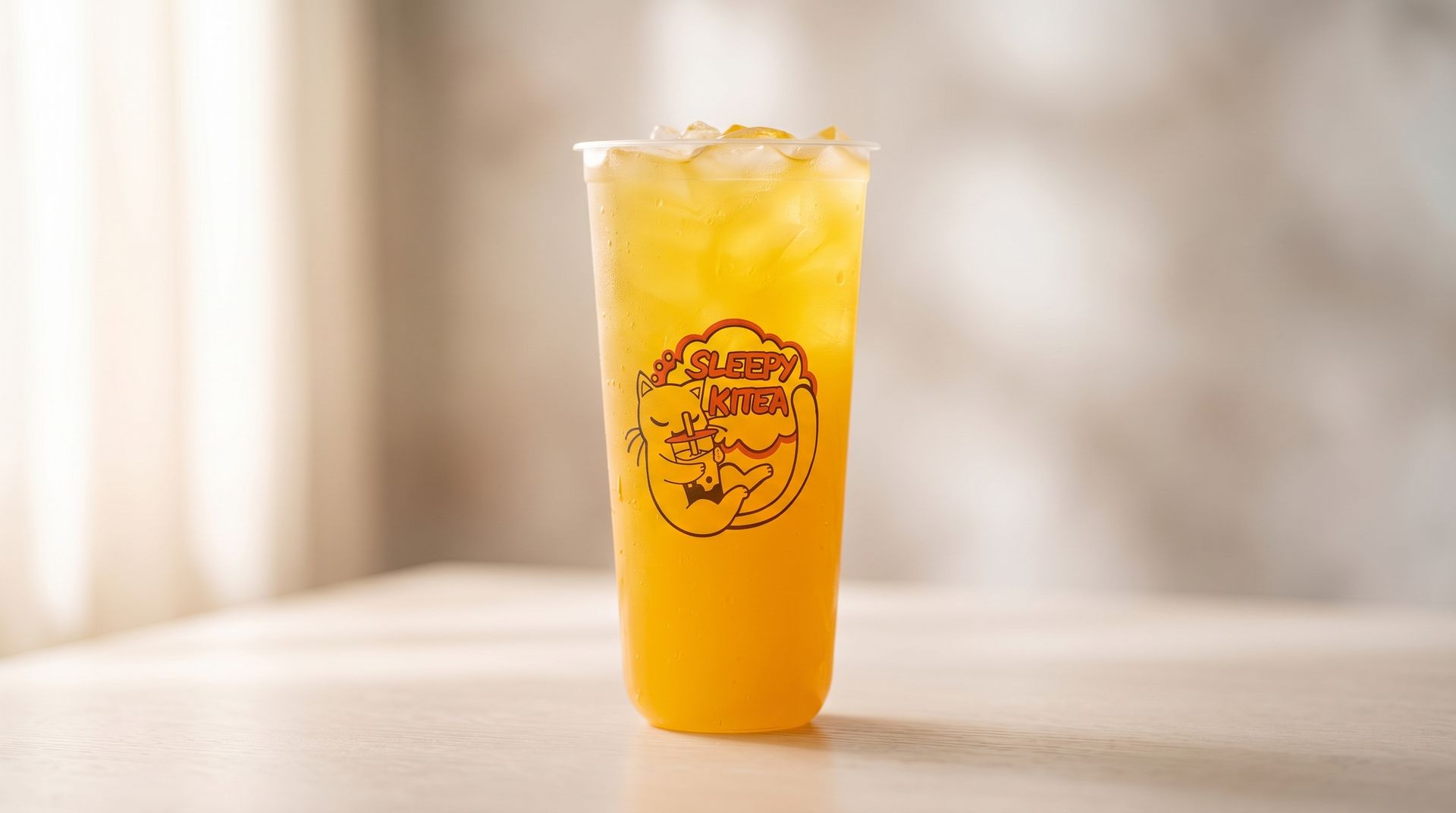 Orange iced drink in a clear cup with a logo, set on a light table against a blurred background