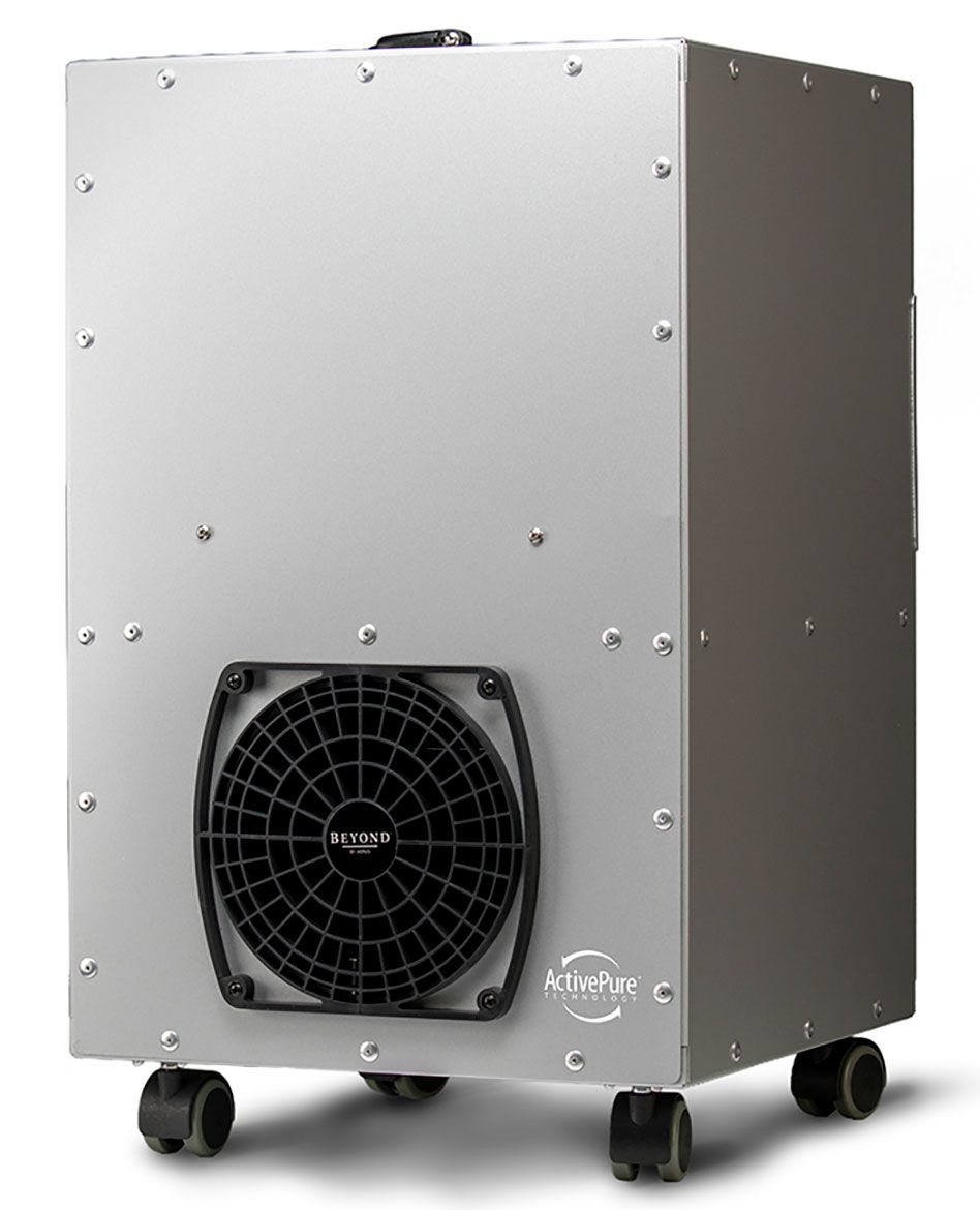 Gray industrial box with a front cooling fan and four casters on a white background