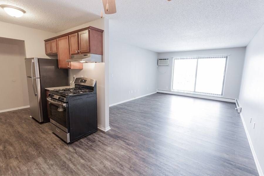 Open-concept apartment with a kitchen on the left and a bright living area with a large window.