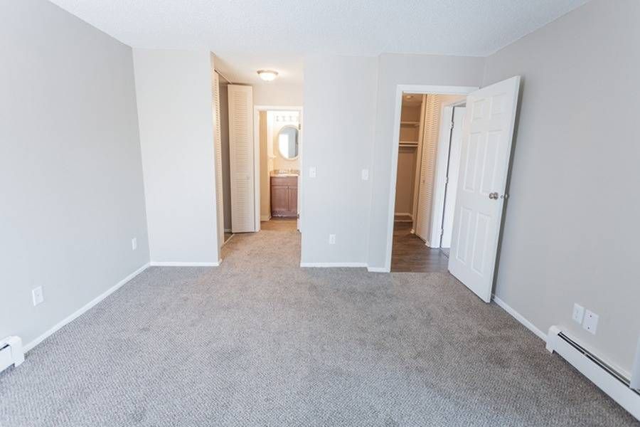 Empty carpeted apartment bedroom with two closet doors and a view into the bathroom.