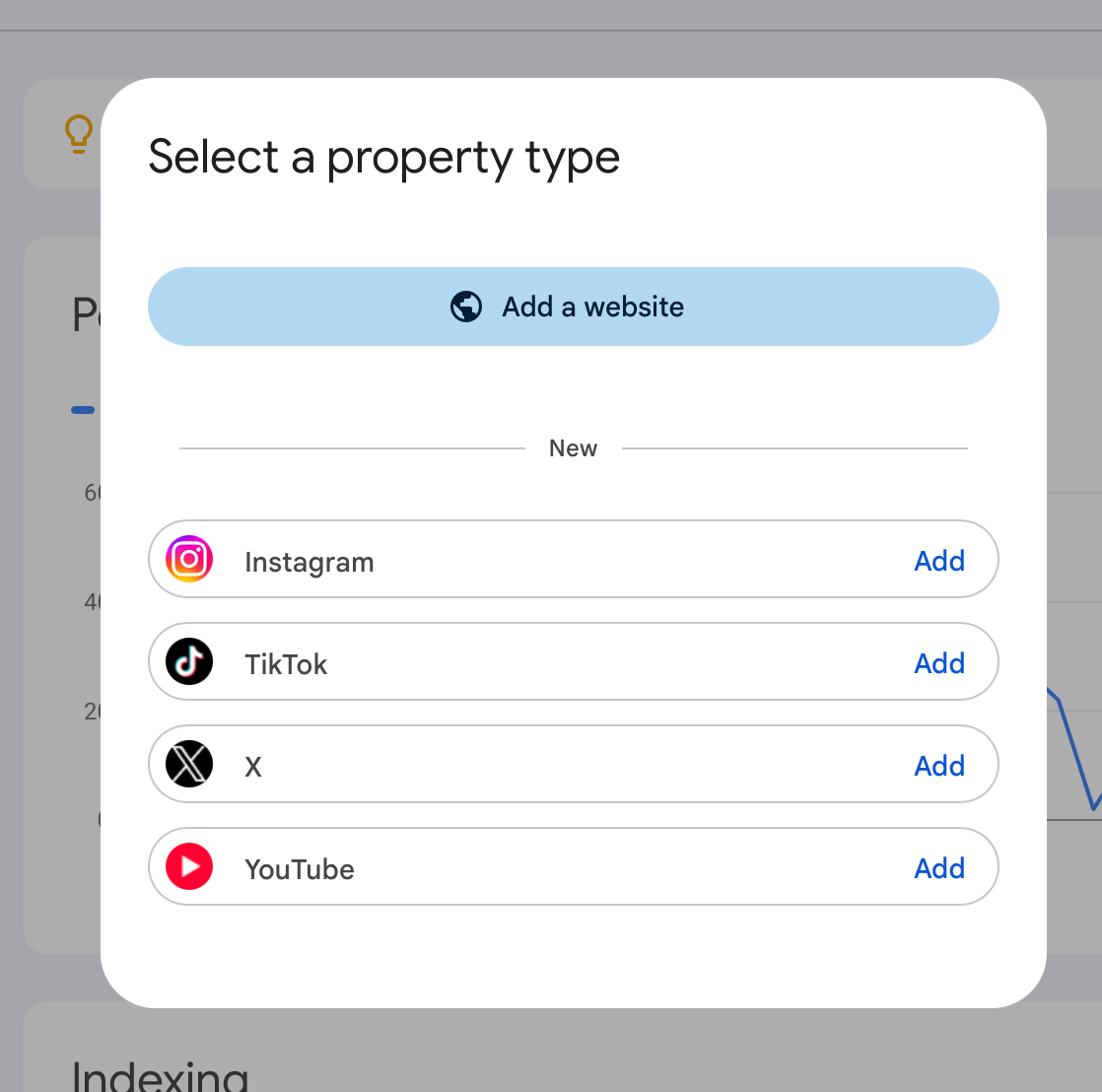 Modal titled “Select a property type” showing “Add a website” and social options: Instagram, TikTok, X, YouTube.
