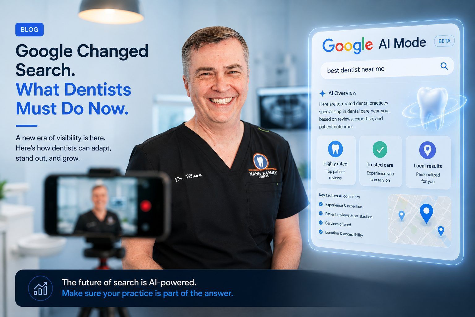 Dr. Russell Mann of Mann Family Dental reviewing Google AI Mode search results — dental marketing st
