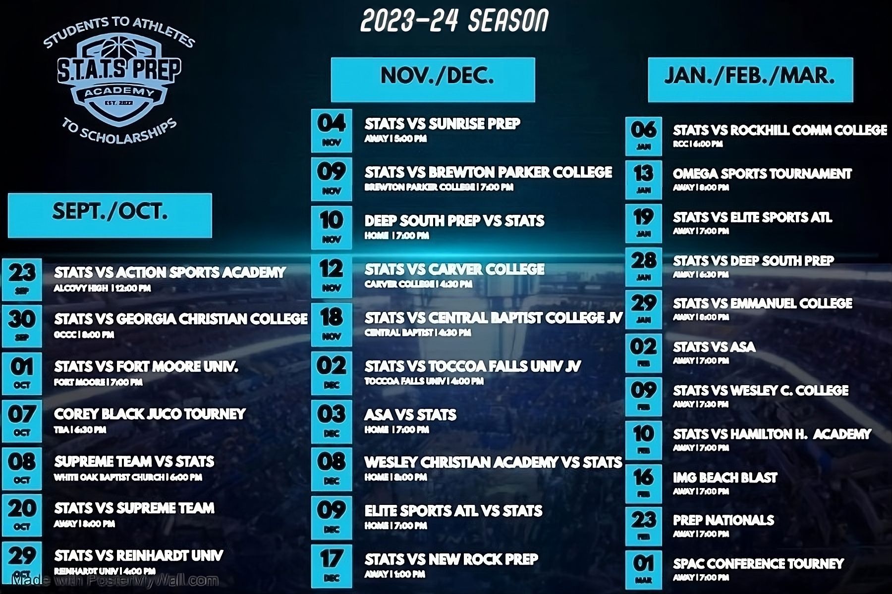 Blue school sports season schedule poster with monthly game dates and times for 2023–24