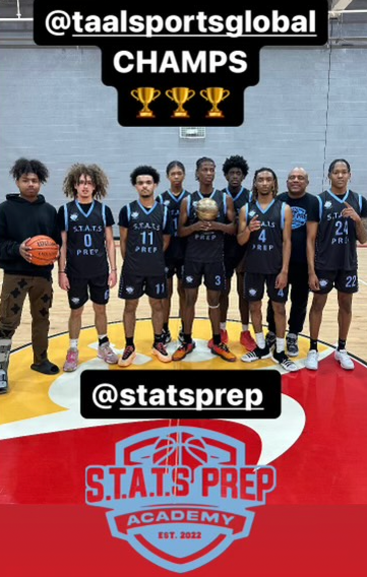 Youth basketball team posing on court with trophy; “CHAMPS” and Stats Prep Academy logos visible.