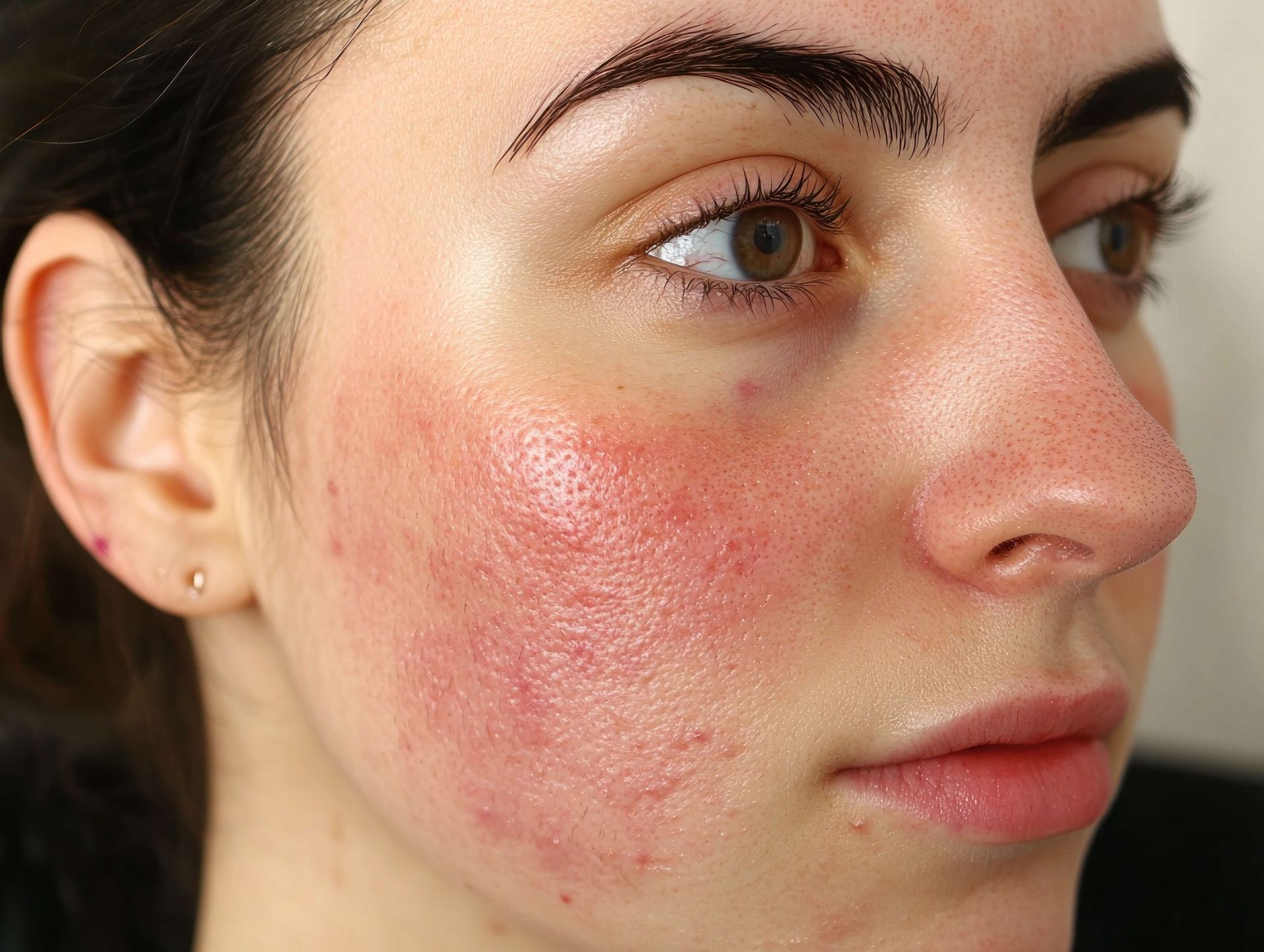 A person with red, inflamed skin on their cheeks and nose; eyebrows are microbladed.