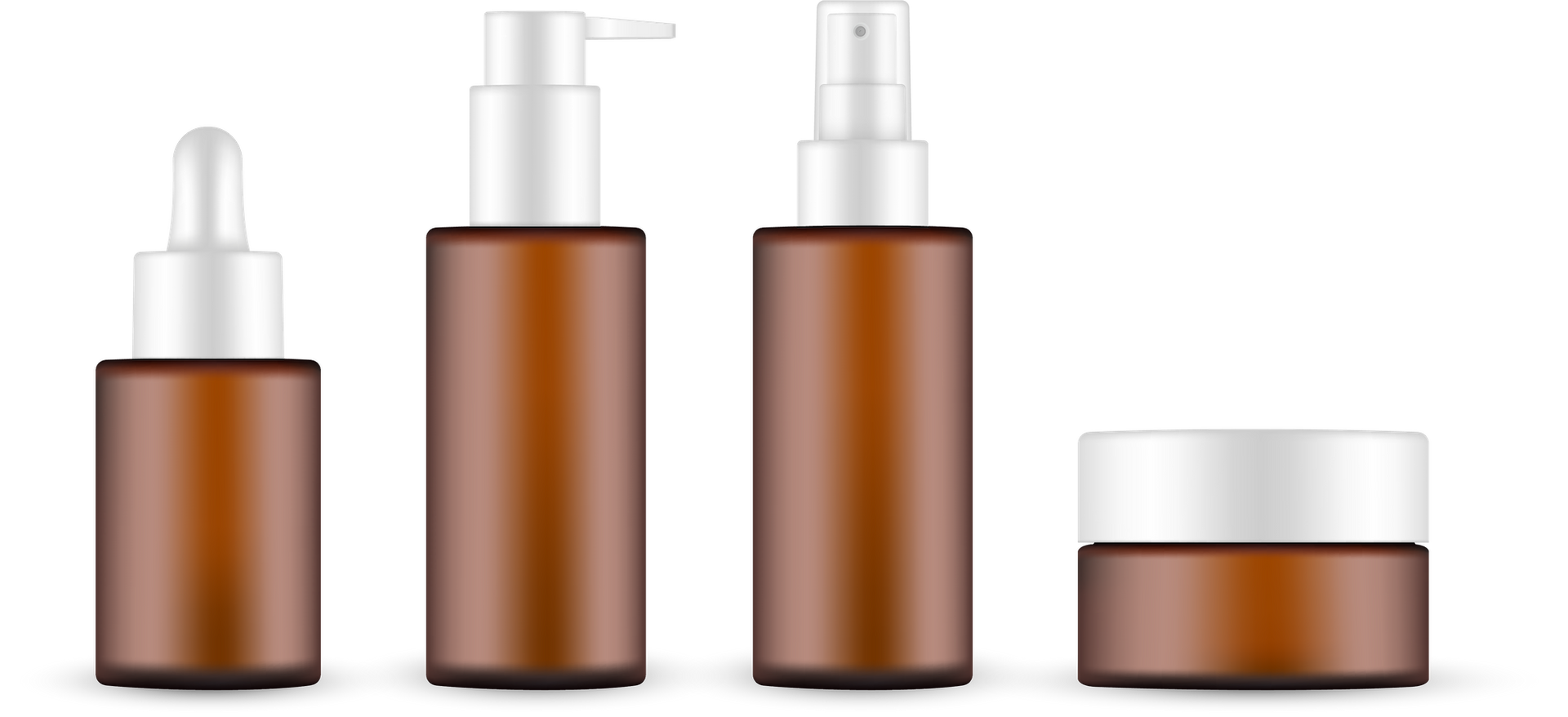 Four brown skincare product bottles with white caps and dispensers.