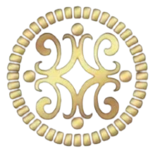 A gold circle with swirls and dots on a white background