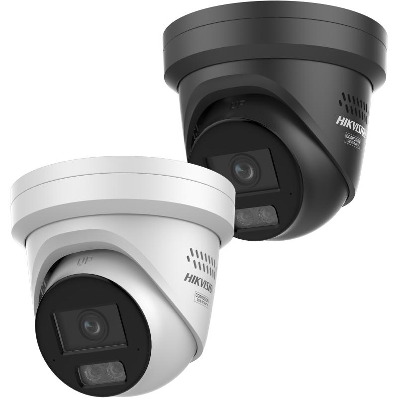 Two hikvision cameras are sitting next to each other on a white background