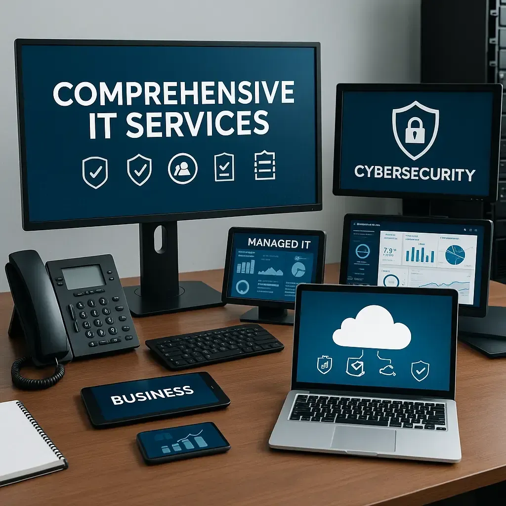 Desk with screens showing cloud and security tools for Comprehensive IT Services in Connecticut.