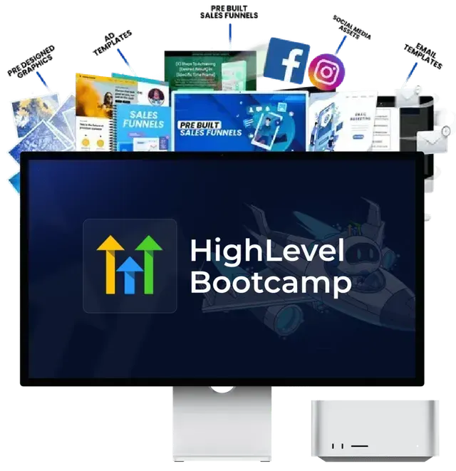 HighLevel Bootcamp promo on a monitor with marketing icons and sales graphics above it