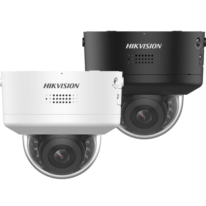 Two black and white hikvision cameras on a white background