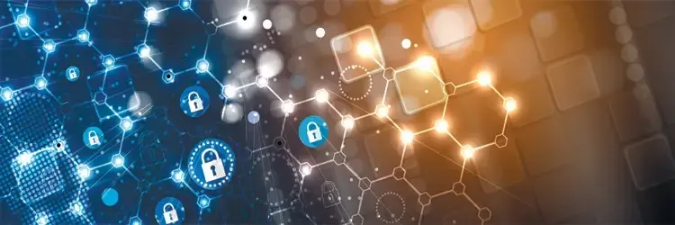 Secure IT services network illustration showing digital security locks, connected data nodes