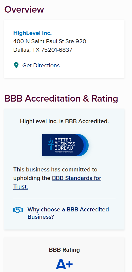 BBB accreditation and rating section showing a blue badge and A+ BBB rating.