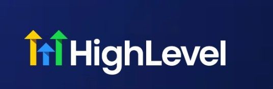 HighLevel logo with blue, green, and yellow upward arrows on a dark blue background