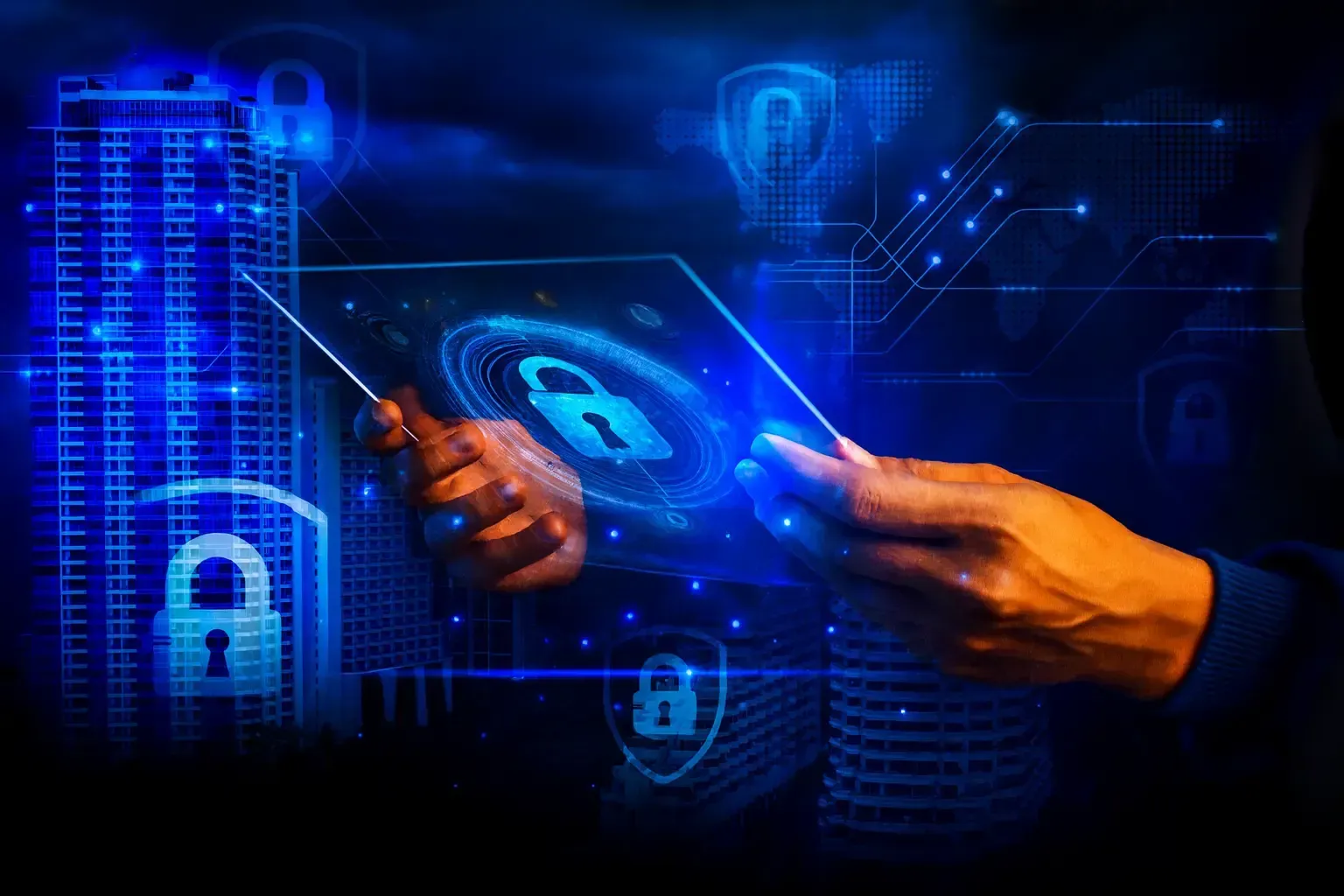 Hands holding a tablet with a lock icon showing Technology Solutions Connecticut cybersecurity.