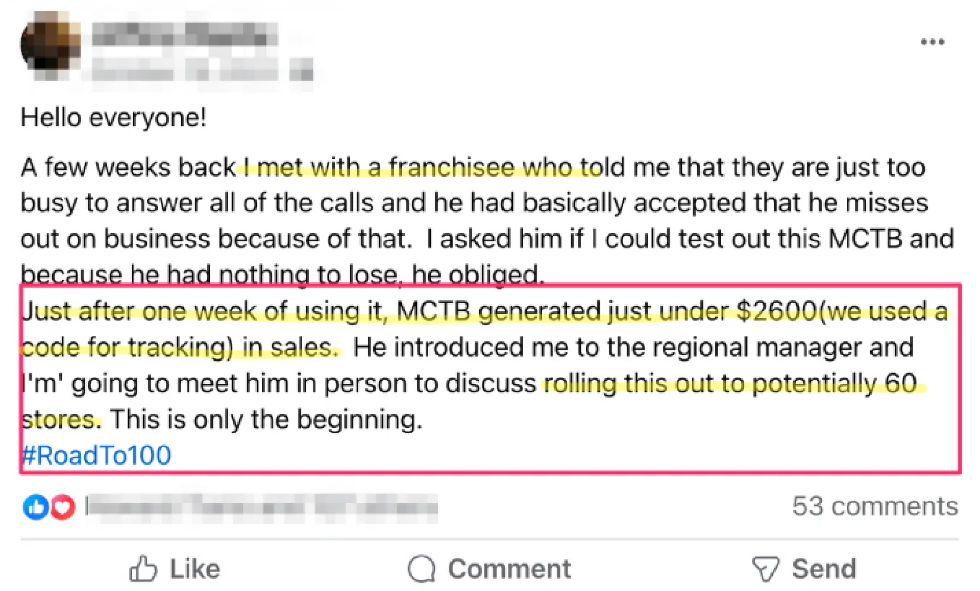 Screenshot of a Facebook post with highlighted text about an MTG generated $2600 weekly cost estimate.