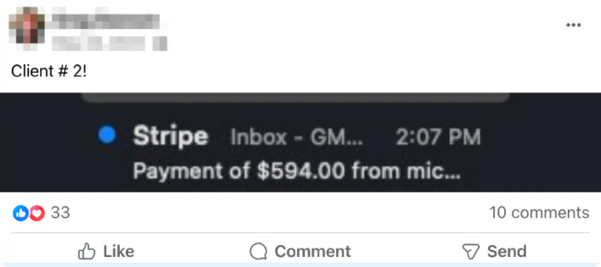 Social media post showing a Stripe payment notification for $594.00, with 33 reactions and 10 comments.