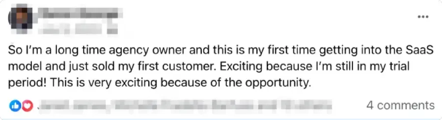 Social media post about closing a first SaaS deal with a long-time agency owner; 4 comments shown