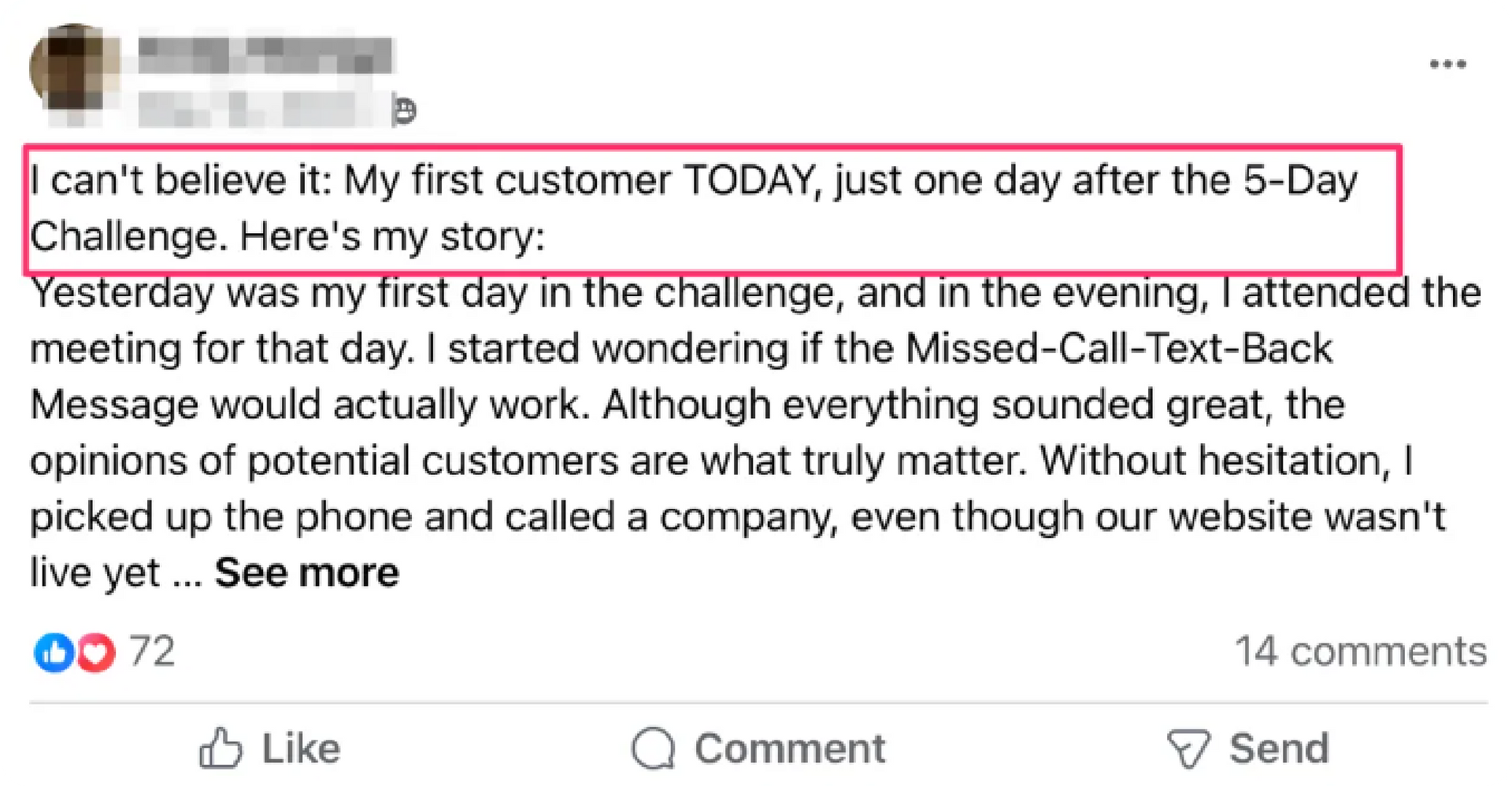 Social media post praising customer service, with a profile photo and engagement icons below.