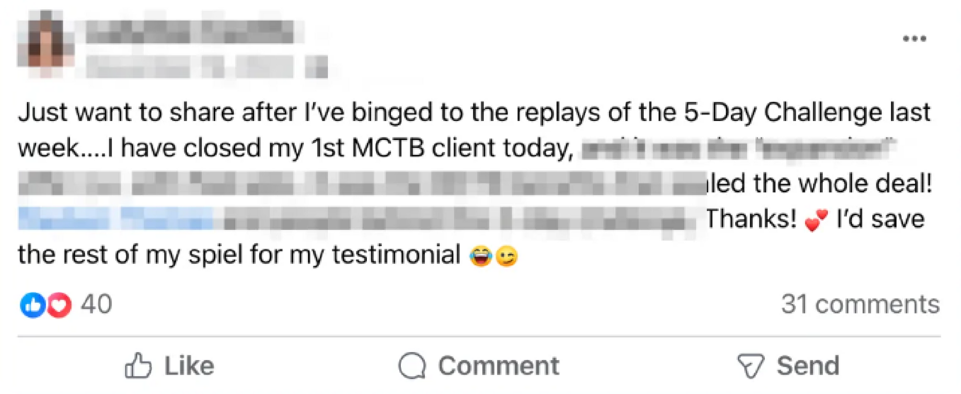 Social media post saying they binged 5-Day Challenge replays, closed an MCIB client, and may share more later