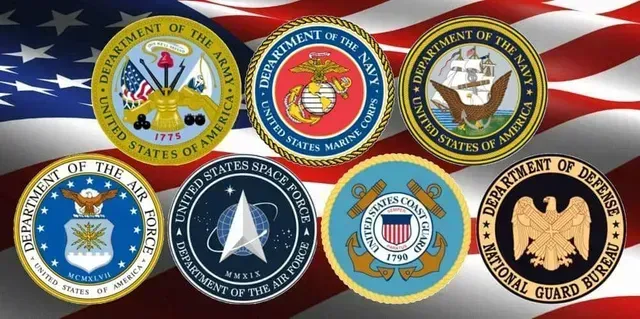 U.S. military branch emblems labeled Army, Navy, Air Force, Marine, Coast Guard, and Space Force.