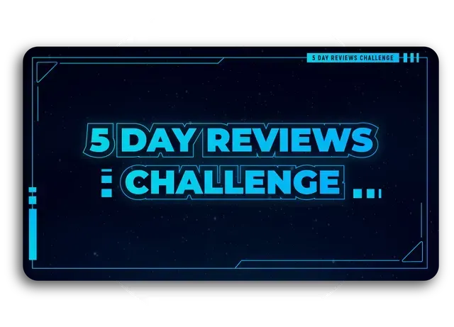 Neon blue “5 Day Reviews Challenge” text on a dark futuristic background with glowing accents