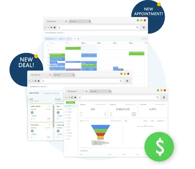 CRM dashboard collage with calendar, analytics charts, and green dollar badge