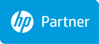 The hp partner logo is on a blue background.