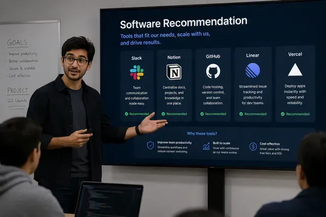 Desktop monitor displaying a grid of app icons on a bright office desk