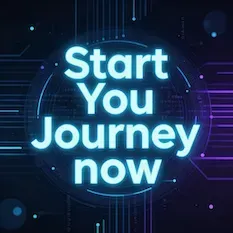 Neon blue and purple text reading “Start You Journey now” on a futuristic digital background