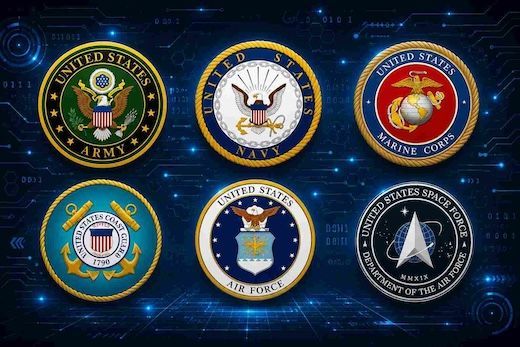 Six U.S. military service emblems arranged in two rows on a white background