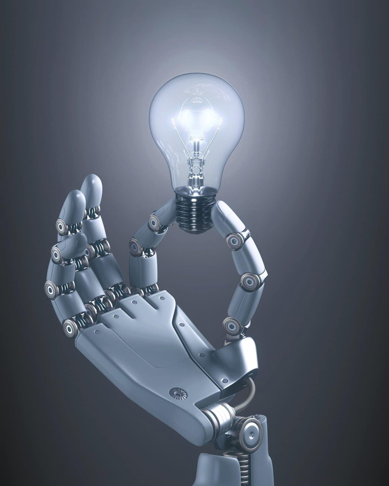 A robotic hand is holding a light bulb