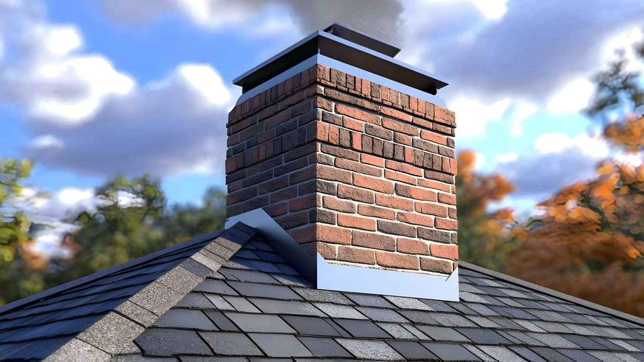 Brick chimney on a gray shingle roof, smoke rising against a cloudy blue sky.