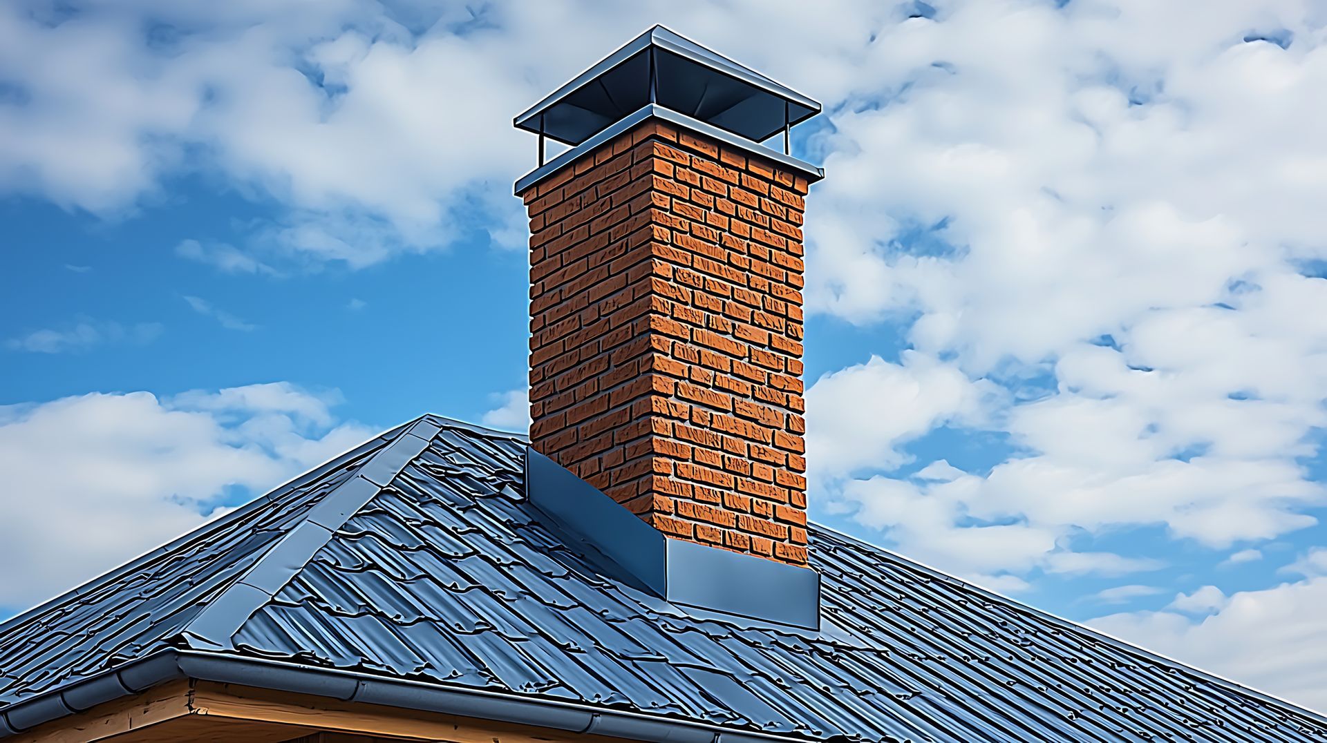 Brick chimney on blue metal roof against a cloudy sky.