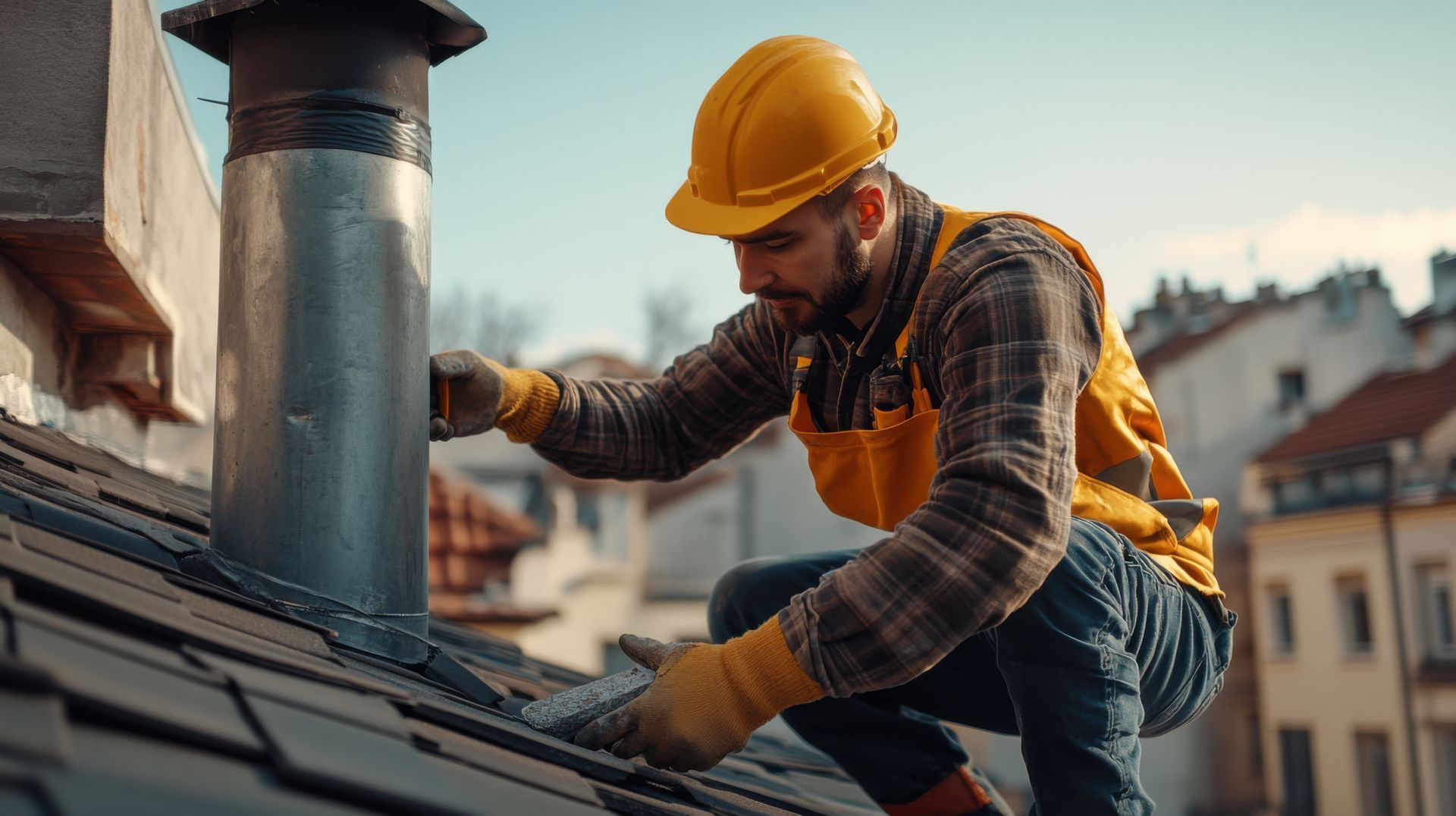 Roofer in yellow hard hat and vest working on a chimney.
