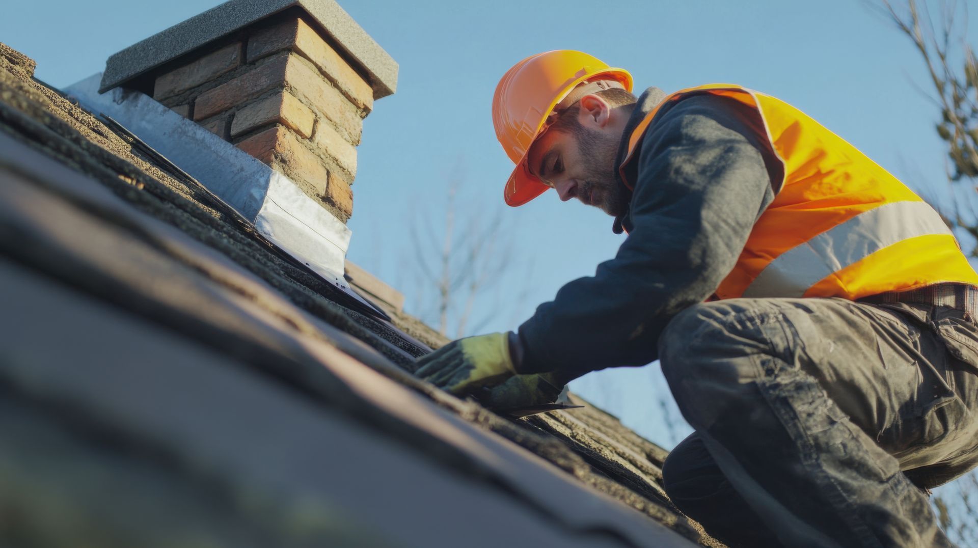 Roofer in safety gear, working on a roof near a chimney, under a blue sky.