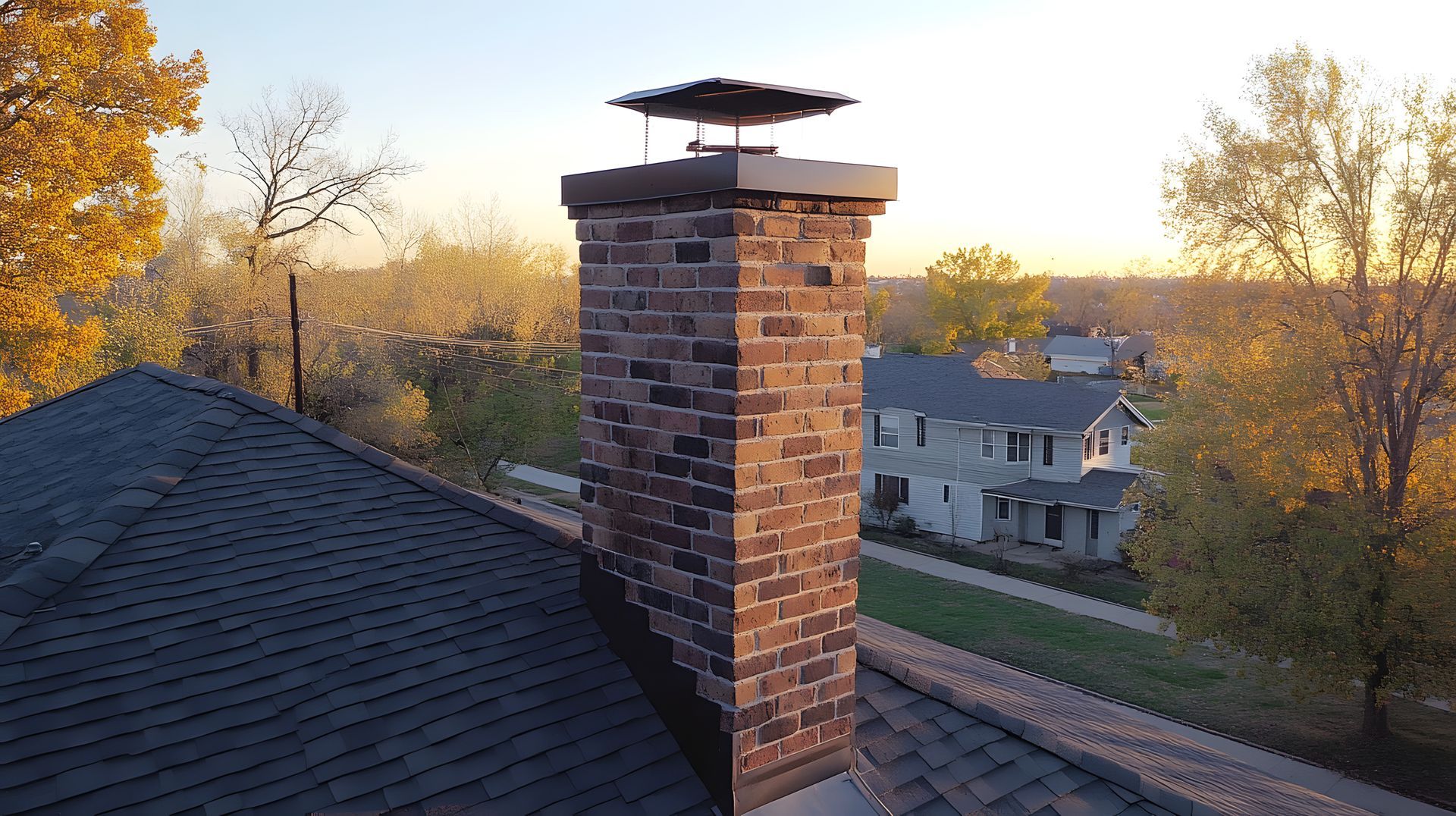 Brick chimney on a rooftop, topped with a metal cap, surrounded by trees, and houses in the background.