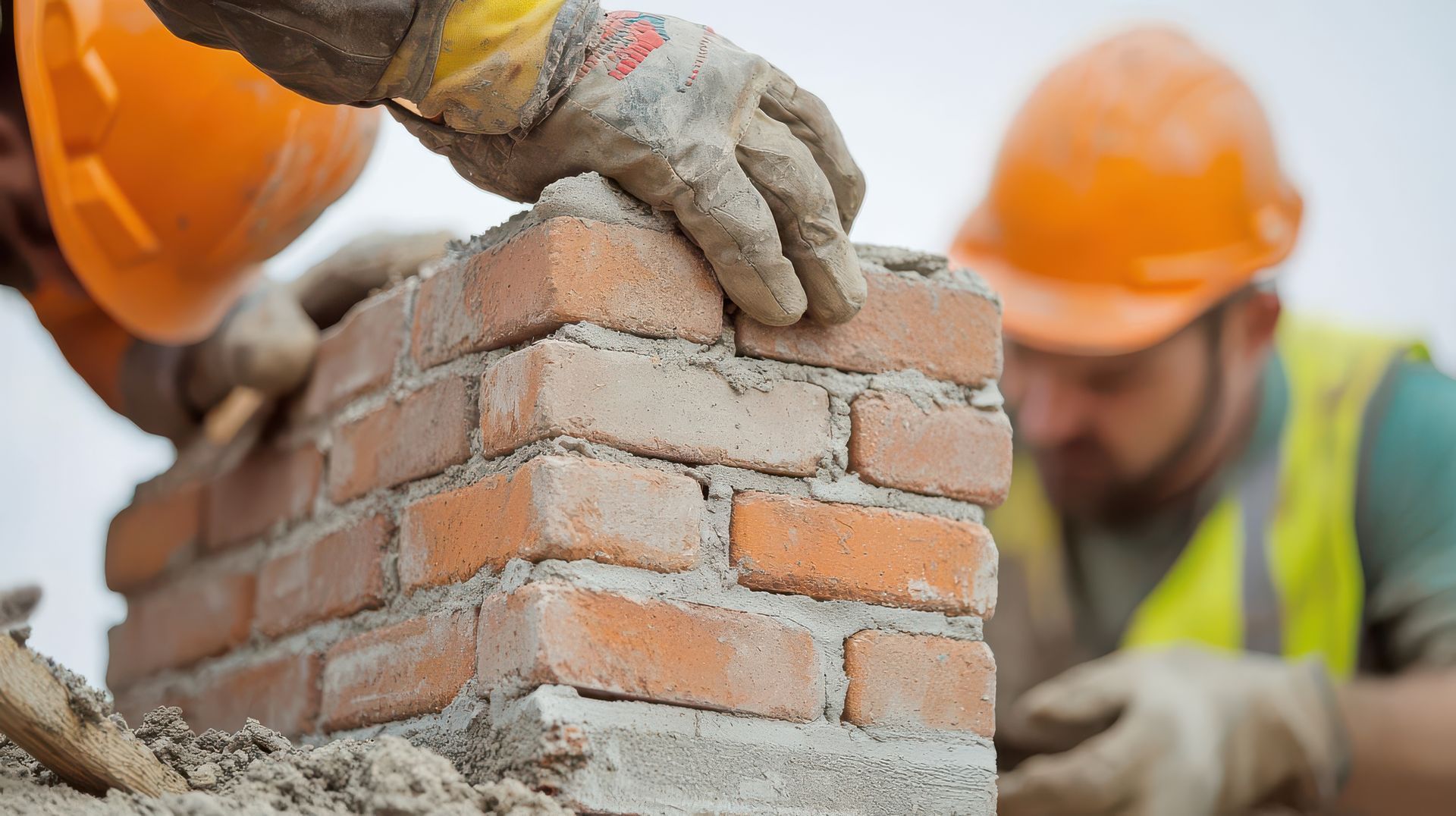 Two construction workers laying bricks, wearing hard hats and gloves, outdoors.