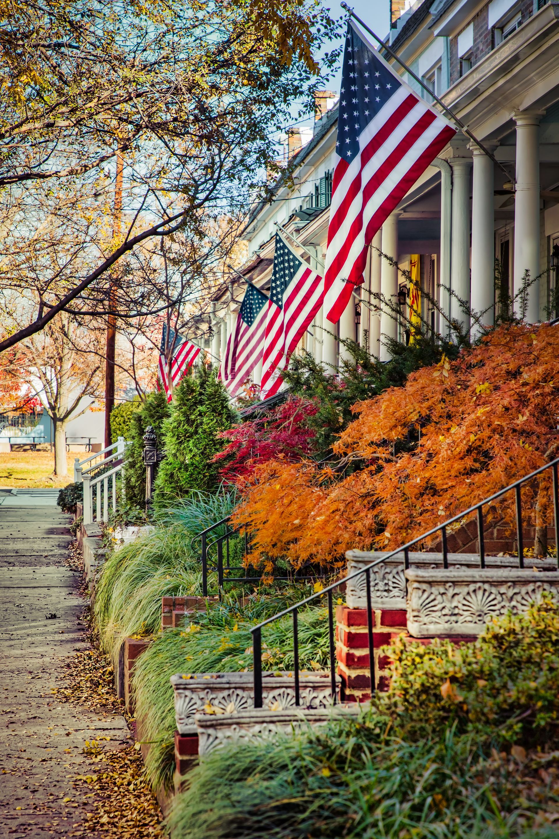 A row of american flags are flying in front of a house.