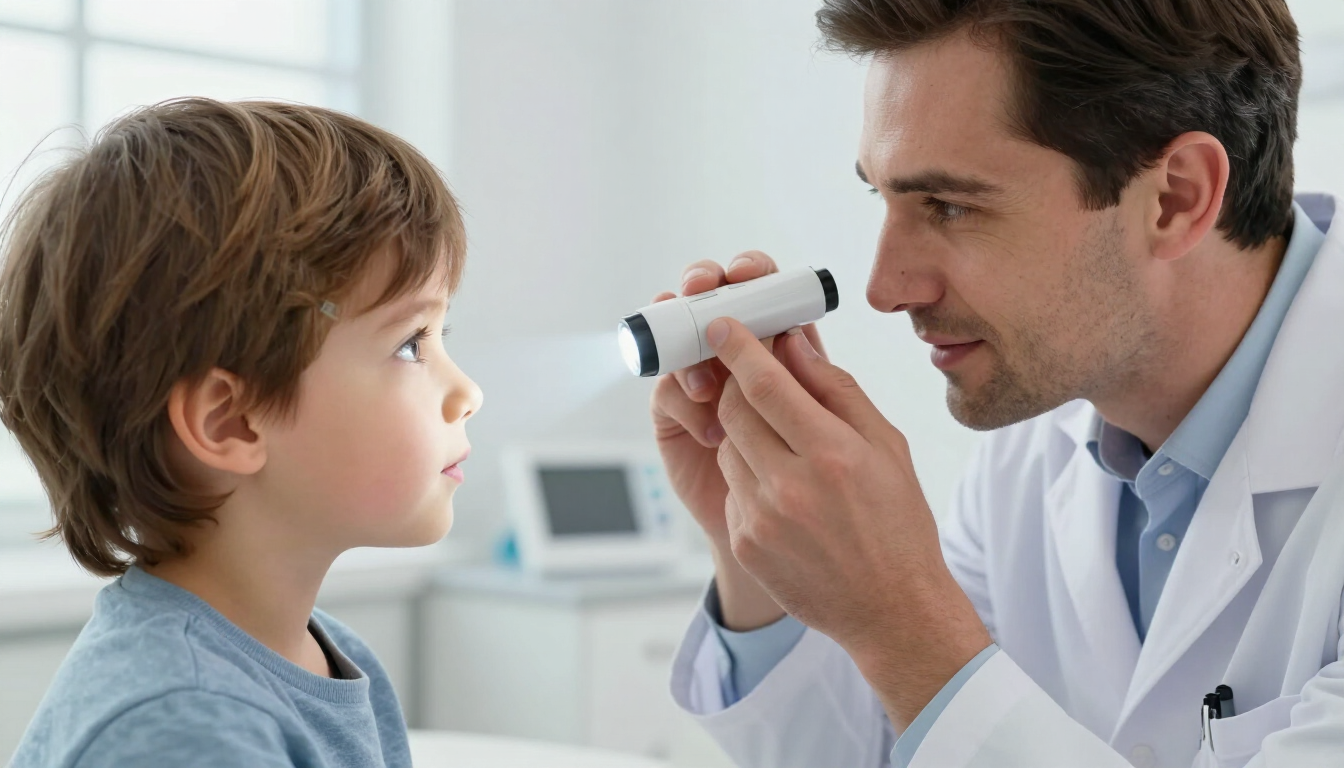 Pediatrician examining a child's eyes for signs of pink eye infection.