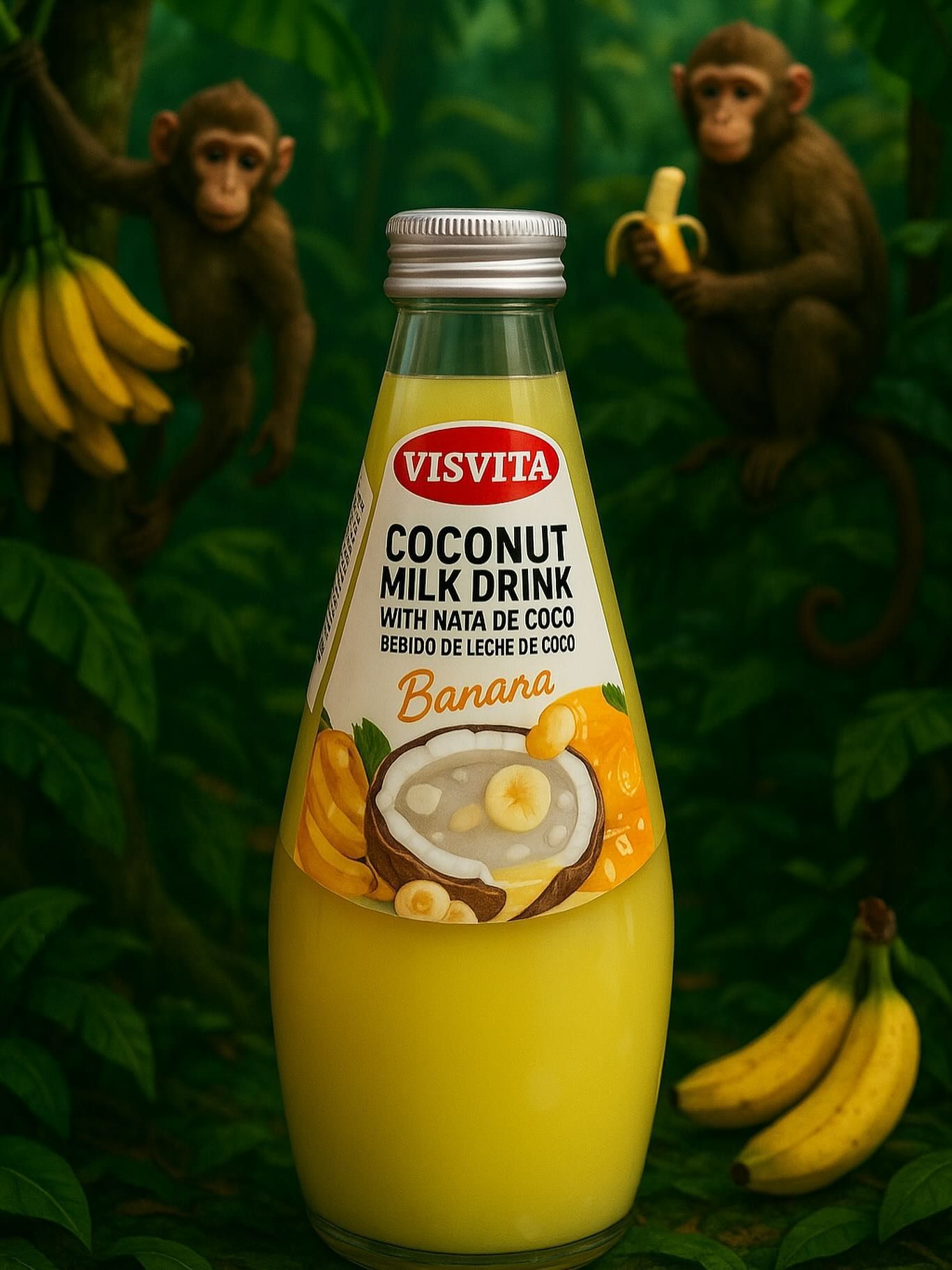Bottle of VisVita coconut milk drink with banana, surrounded by monkeys and bananas in a jungle setting.