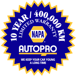 Blue and yellow NAPA AutoPro warranty badge: 10 year/400,000 km limited warranty. Text: