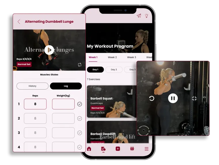 A smartphone with an open book and a smaller square with the same design. Texts in each appear to read “workout images to guide you”.