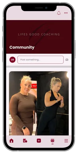 Mobile app screen: Two women, community page, burgundy, fitness attire.